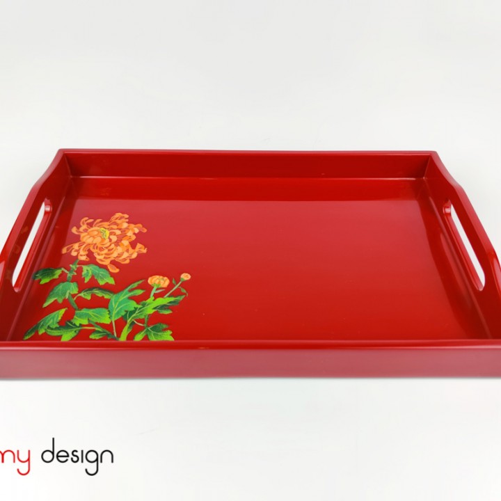 Red rectangular lacquer tray hand-painted with chrysanthemum  20x32 cm